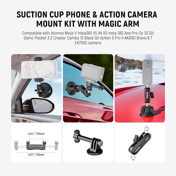 NEEWER Suction Cup Phone Holder & Camera Mount Compatible with GoPro DJI Insta360 iPhone, Car Phone Mount with Action Camera Adapter 360° Magic Arm for Vlogging Video Recording, CA158 - Image 2