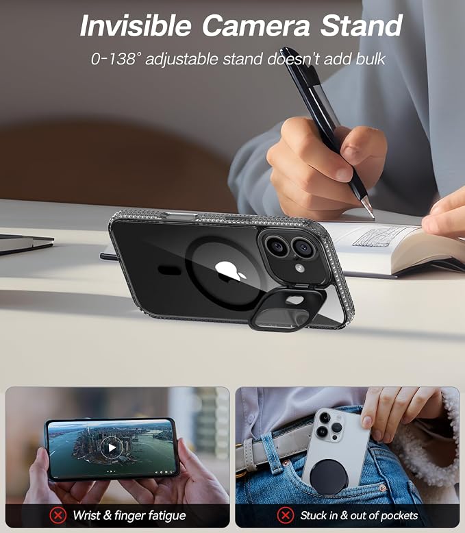 VOFATA [Upgraded] for iPhone 16 Case with Camera Cover Stand [Fit for MagSafe][9H Camera Lens Protector] Mil-Grade Protection Transparent Magnetic iPhone 16 Phone Case, Clear Black - Image 3