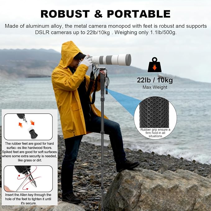 Koolehaoda 63" Aluminum Camera Monopod with Phone Stand | Portable Travel Photography Stick, Walking Stick Handle, Compatible with Canon, Nikon, Sony, Video Camcorder, DSLR - Image 4
