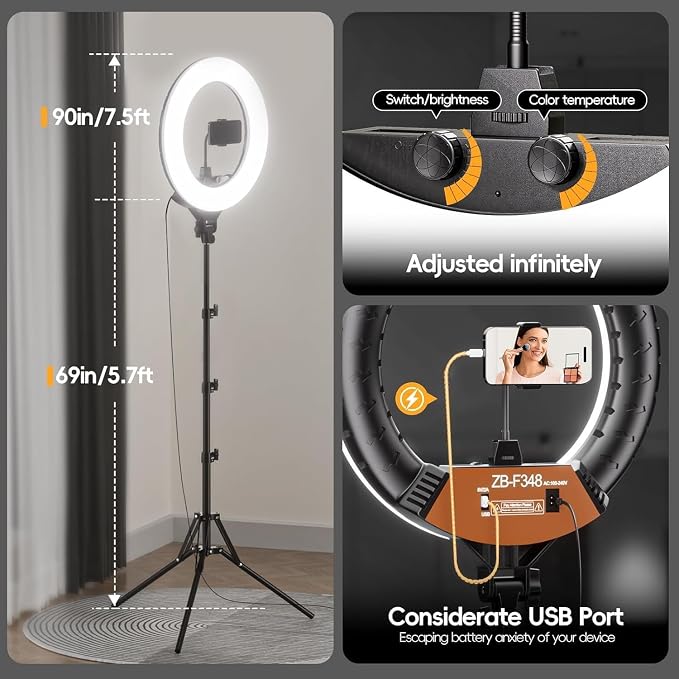 EMART 18in Ring Light with Stand, 2800-6500K LED Photography Lighting Kit | Selfie Light with Phone Holder for Vlog, Live Streaming, Video, Makeup, Tattoo, Barber, Studio - Image 6
