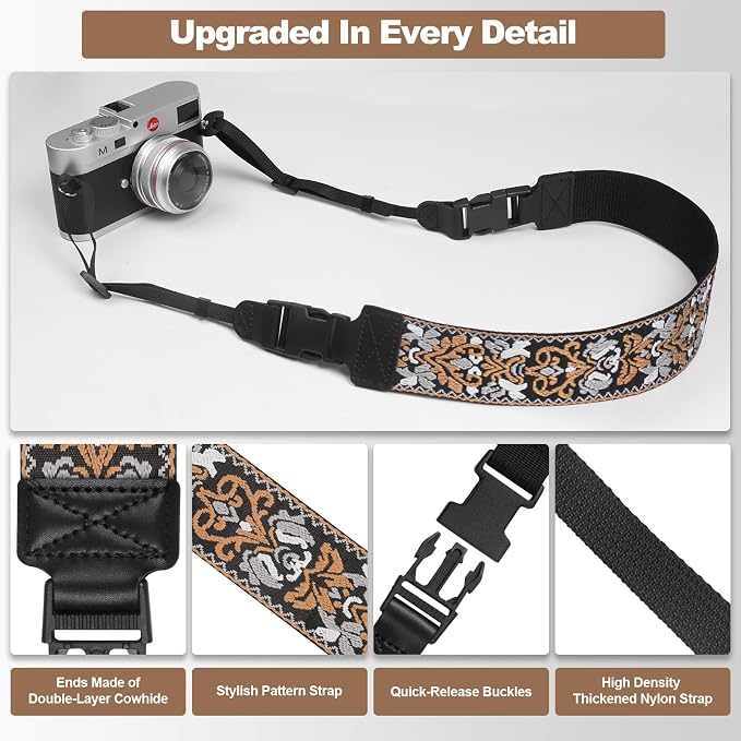 Adjustable Camera Neck Strap, Vintage Embroidered Shoulder & Crossbody Camera Strap with 4 Connection Ways, Anti-Slip Camera Strap for DSLR, Mirrorless & Camcorder, Travel & Outdoor Photography Gear - Image 5