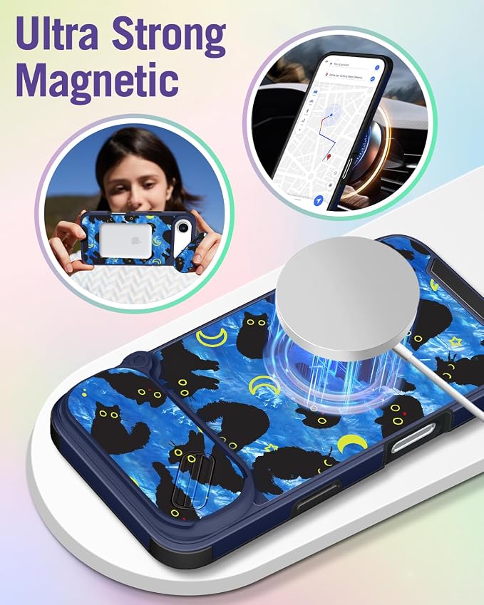 Buleens for iPhone 17 Air Case 6.5 Inch - with Ring Stand & Camera Cover Aesthetic Cute Designed for Women Girls Girly Kawaii Blue Cat Stars Phone Case for iPhone 17 Air Compatible with Magsafe - Image 4