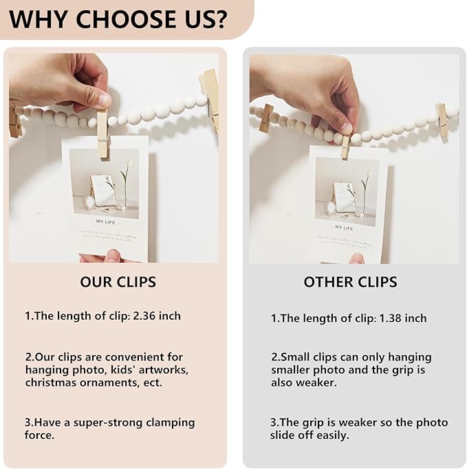 KLOGTSIND Hanging Photo Display, 2PCS Boho Wood Bead Garland Wall Decor | Photo Banner with 9 Wooden Clips for Bedroom, Living Room, Office, Dorm Decor, Pictures Postcards Holder Teen Girl Gifts - Image 3