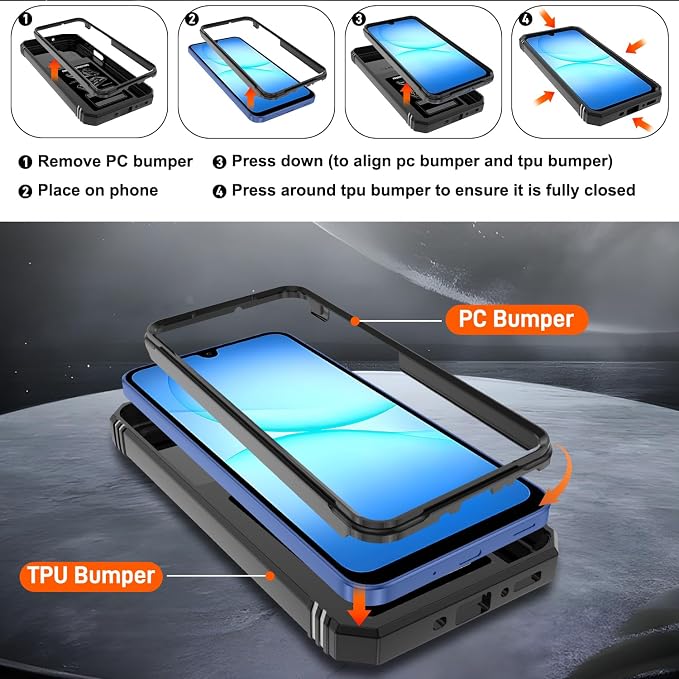 Gritup for Samsung Galaxy A17/A16-5G Phone Case with Camera Cover | 2*Screen Protector & 360° Rotating Ring Kickstand, Military Grade Protective Cover para Samsung A 17, Black - Image 3
