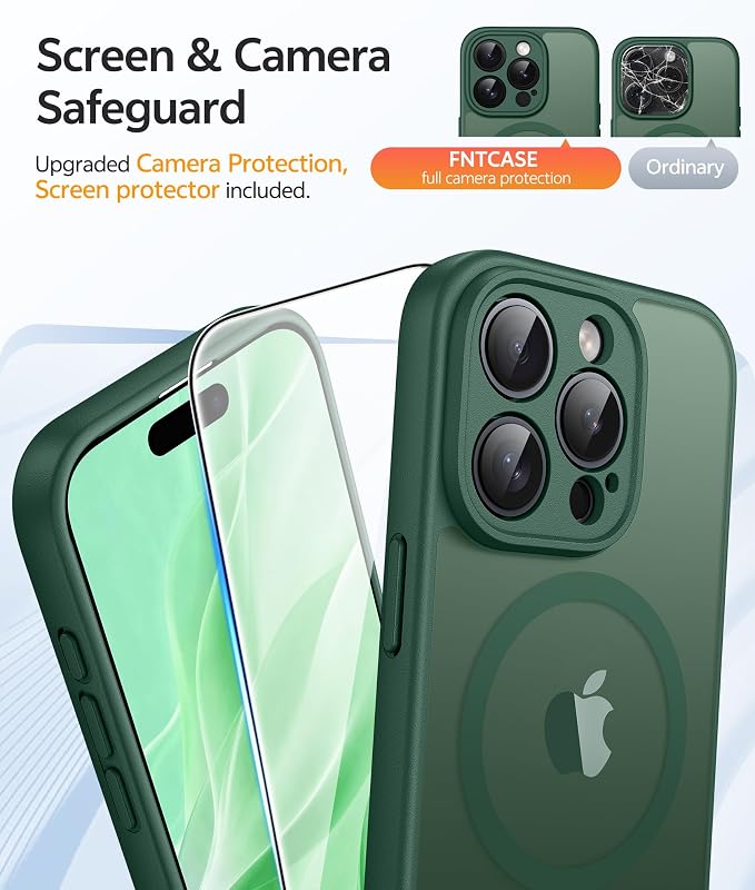 FNTCASE for iPhone 15 Pro Case, Fit for Magsafe, Screen Protector, Green | Full Camera Protection, Translucent Matte, 14FT Military Grade Drop Proof, Shockproof Protective Phone Cover - Image 4