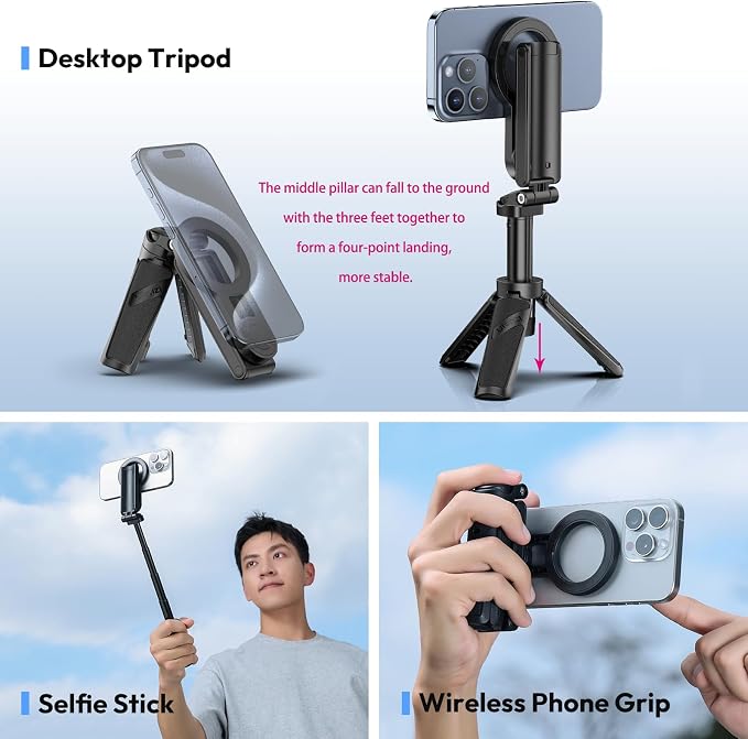 ULANZI JJ03 Magnetic Mini Tripod for Phone with Remote, 3-in-1 Pocket Selfie Stick Handle Grip, 360° Rotation Extendable Tripod Stand for iPhone Android Phones, for iPhone 17 16 15 14 13 12 Series - Image 3