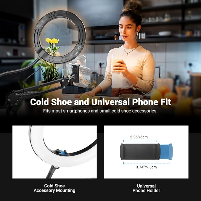NEEWER Entry Level Version N41 8" LED Ring Light with Desk Clamp Stand/Remote, Overhead Phone Mount Holder Compatible with iPhone, Streaming Video Recording Selfie Nail Tech Food Photography Lighting - Image 5
