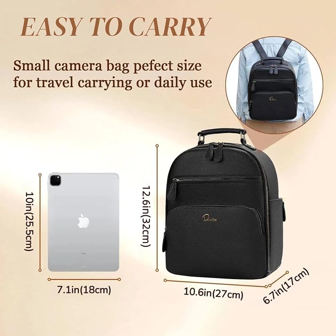 Small Camera Backpack Classic PU Leather for DSLR, Professional Camera Bag for Photographers with 11 Inch Pad/Tablet Compartment Small 10L Black - Image 3