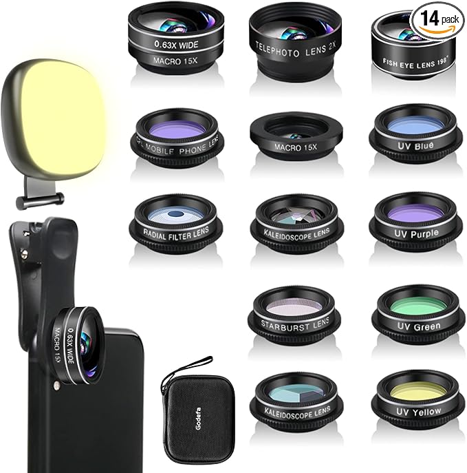 Godefa Phone Camera Lens Kit, 14 in 1 Lenses with Selfie Light for iPhone 14 13 12 11 Xs X Pro Samsung and Other Andriod Smartphone, Universal Clip on Wide Angle+Macro+ Fisheye Camera Lenses by Godefa