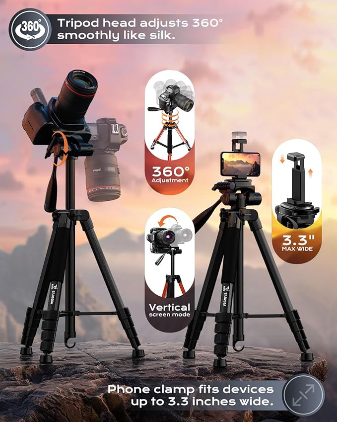 73" Camera Tripod for Camera and Phone, Aluminum Travel Tripod | DSLR Tripod with Phone Holder, Quick Release Plate, Travel Bag, Compatible with GoPro Camcorder, 8.8 lbs Load - Image 5