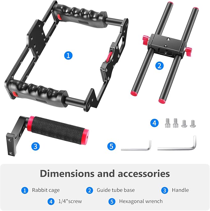 NEEWER Camera Video Cage Film Movie Making Kit, Aluminum Alloy with Top Handle, Dual Hand Grip, Two 15mm Rods, Compatible with Canon Sony Fujifilm Nikon DSLR Camera and Camcorder (Black + Red) - Image 8