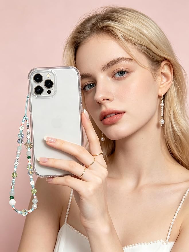 2 Pcs Phone Charm Strap Hand Wrist Strap Camera Lanyard Pearl Beaded Cute Chain String Accessories Universal for iPhone 17 Pro Max 16 15 14 for Samsung Women Girls Keychain Bag Green Flower and Star - Image 3