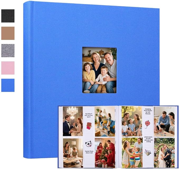 Photo Album 4x6 Vertical 600 Photos with Writing Space, Blue | Linen Cover, Acid-Free Pages, Clear PP Pockets, Memo Writing Space, Front Display Window, Family, Wedding & Travel Memories by Xfveiwoo