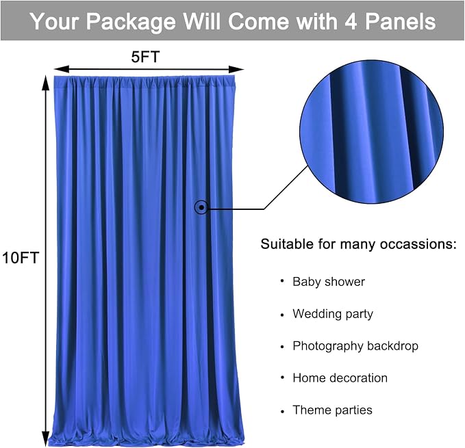 20ft x 10ft Wrinkle Free Royal Blue Backdrop Curtain for Party, Polyester Royal Blue Photo Backdrop Drapes 4 Panels 5x10ft for Birthday Photography Background Weddings Baby Shower Party - Image 7