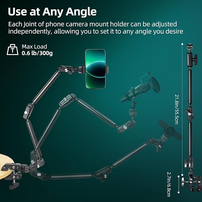 22" Magic Arm Clamp, Overhead Phone Mount Holder Stand, Flexible Desk Camera Mount, Articulating Friction Boom Arm with 1/4" 3/8" Threads for Phone, DSLR, Action Camera,Filming, Light, Webcam, Mic - Image 4