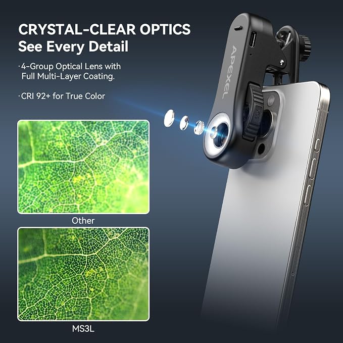 APEXEL 40x/80x/120x 3-in-1 Phone Micro Lens Phone Microscope Lens | With Universal Clip/CPL/16 LED/8 UV LED, Wheel Design, Pocket Portable Microscope for iPhone, Samsung & Android - Image 4