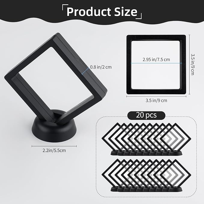 20 Pcs Black Floating Frame Case with Stands, 3.5X 3.5 x 0.8 inch, Challenge Coin Display,Transparent PE Jewelry Storage Box, Floating Display Holder Stands for Antique Challenge Coins, Medallion - Image 2