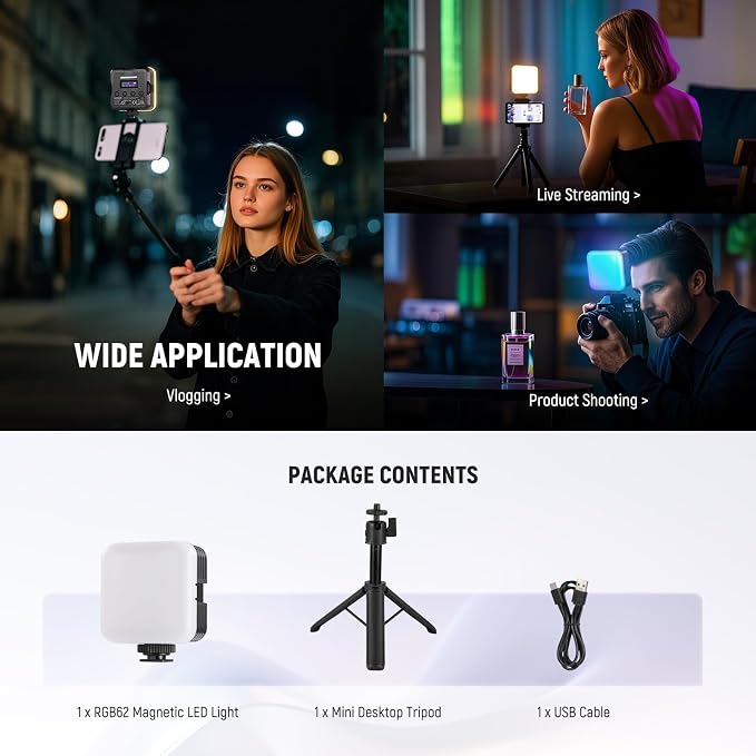 NEEWER Magnetic RGB Camera Video Light with Desk Tripod Stand & 3 Cold Shoes, Upgraded APP Control, CRI97+ 2500-8500K 2000mAh Rechargeable Photography Recording Small LED Panel Lighting, RGB62 - Image 9