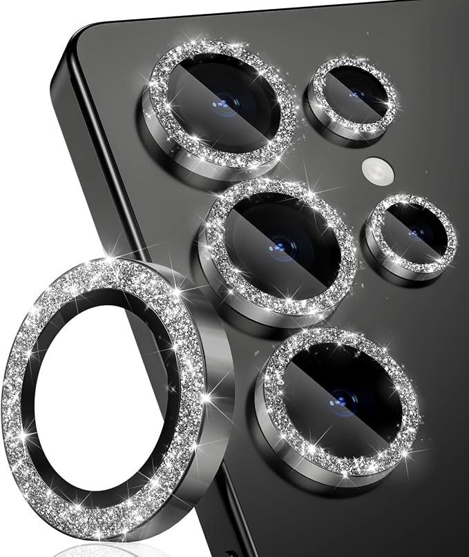 CloudValley for Samsung Galaxy S25 Ultra Camera Lens Protector Bling | 9H Tempered Glass + Aluminum Alloy Lens Protective [Glitter Decoration] Ultra-HD Tempered Glass Cover,Glitter Titanium Black by CloudValley