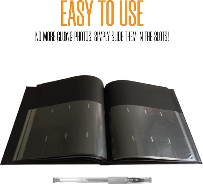 2x6 Strip Album, Black Cover Black Pages, 2 Gel Pens, 10pk | Leather-cover photo strip scrapbook journal holds 2x6 photos. Album guest book for weddings, graduations, anniversaries. - Image 7
