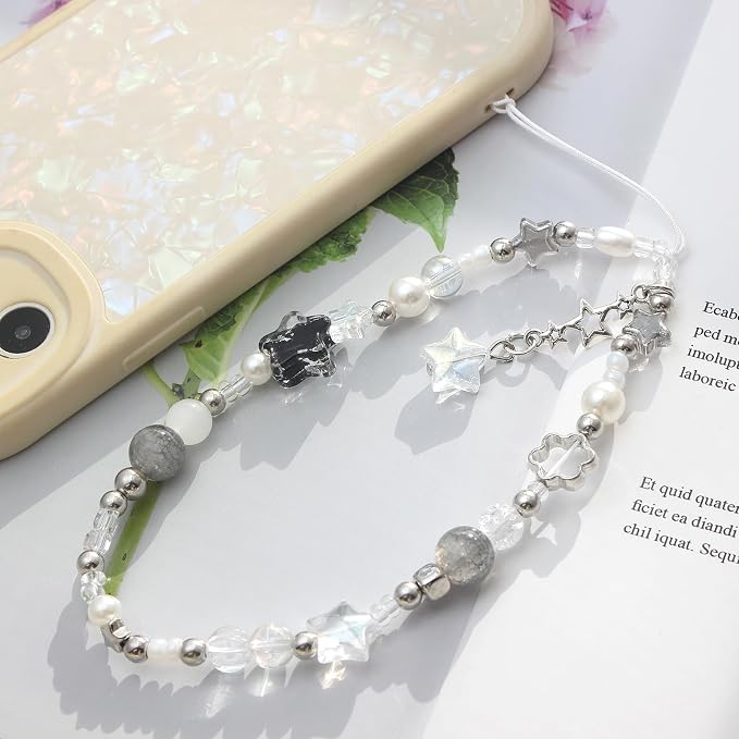 Beaded Camera Wrist Strap,Cute Phone Charm Decor,Pearl Bracelet Wrist Strap | Phone Keychain Decoration for Wallet,Durable Nylon Rope Lanyard,Compatible with all Phone Case,Silver Star - Image 4