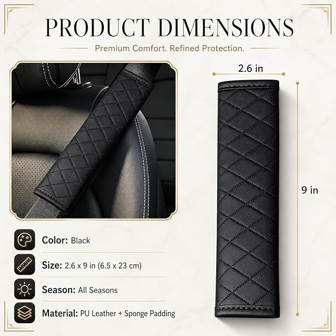 Black PU Leather Seat Belt Covers - 2Pcs, Diamond Stitched Seat Belt Pads, Universal Fit for Car Truck SUV - Image 2
