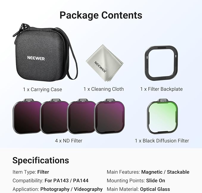 NEEWER ND Filter Set for PA143/PA144 Phone Cage Only, ND8/16/32/64 + Black Diffusion 1/4 Filter for Mist Cinematic Effect + Magnetic Backplate, Compatible with iPhone 17 Pro/17 Pro Max, Black - Image 8