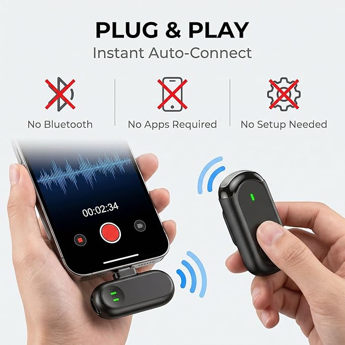 Wireless Mini Microphone for iPhone Android,Mini Mic for Video Recording,Plug & Play Lapel Professional Mic with Noise Reduction, Mute, and Reverb for YouTube TikTok Vlog Podcast - Image 2