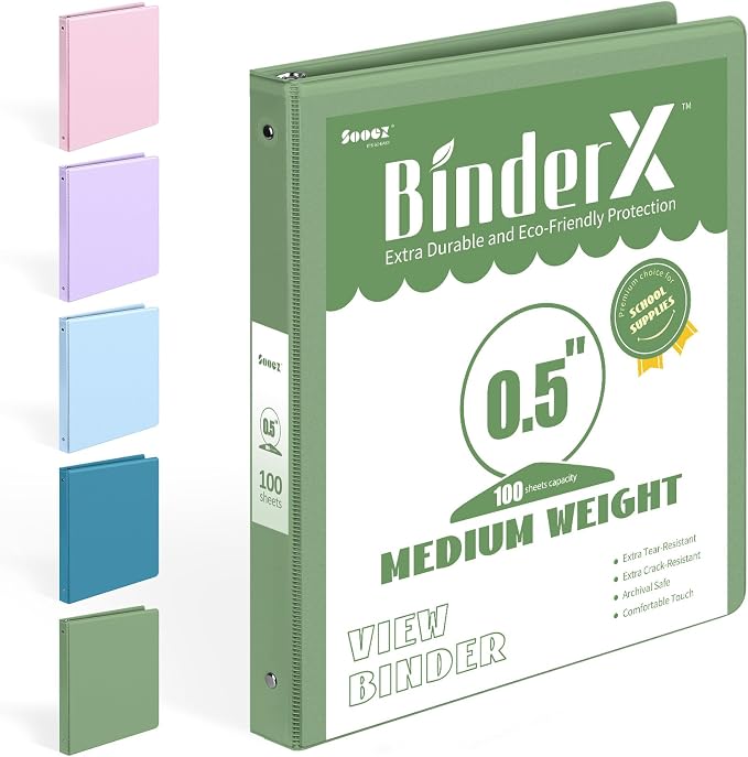BinderX 3 Ring Binder 1/2 Inch, 0.5" Clear View Binder, Olive Green, Letter | Extra Durable, PVC-Free, Customizable, Interior Pockets, 100-Sheet Capacity, Eco-Friendly, Reinforced Hinge, School, Office by Sooez