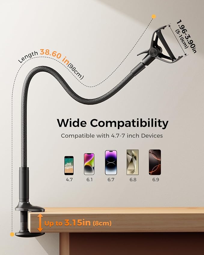 SAIJI Gooseneck Phone Holder for Bed Overall Length 38.6” Flexible Leather Wrapped Arm Overhead Cell Phone Mount Stand with 360° Adjustable Clamp Clip, Compatible with All 4-7” Cellphones (Black) | 38.6” Flexible Leather Wrapped Arm, Phone Stand with 3... - Image 5