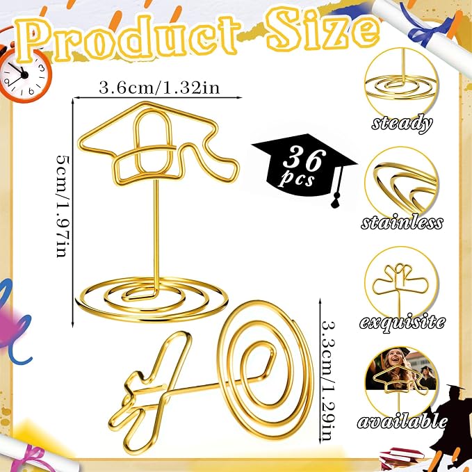 36 Pcs 2026 Graduation Gold Photo Holders for Table Centerpieces Metal Photo Holder Gold Picture Display Stands Menu Memo Clips for Graduation Party Table Decoration Supplies(Certificate, Cap) - Image 3