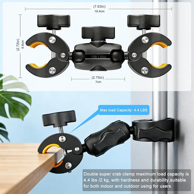 Double Super Clamp Mount with 360° Magic Arm Dual 1" Ball Mount Adapter, Multi-Functional Crab Clip, Umbrella Holder Camera Pole Bracket for Tripod Rod Monitor Magic Light Stand Motorcycle Accessories - Image 7