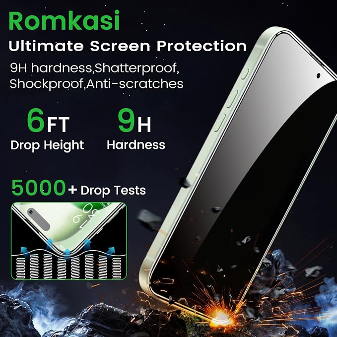 Romkasi 4 Pack Privacy Screen Protector for iPhone 15 6.1 Inch with 4 Pack Camera Lens Protector, Anti Spy Tempered Glass Film, Anti-Scratch, Touch Sensitive, Case Friendly - Image 4