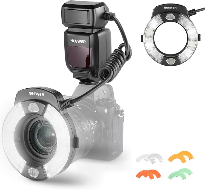 NEEWER RF1-N Marco Ring Flash Light Compatible with Nikon Camera, 76Ws GN15 5600K TTL Lighting 1-1/128 Output Front/Rear Curtain Sync Color Gels, Lens Adapter Rings for Macro Photography Studio Photo by Neewer