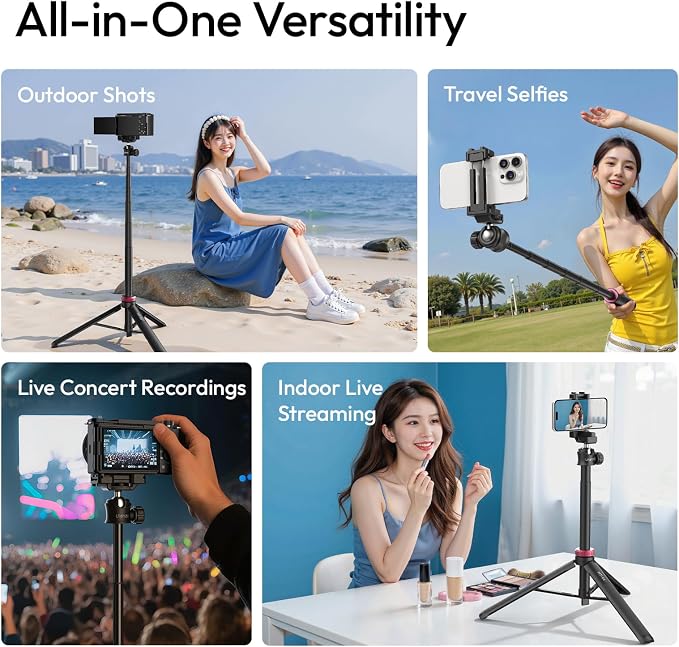 ULANZI MT44 Auto Open Phone Tripod, 59" Extendable Selfie Stick for iPhone | 360° Ball Head, 1s Pop Open , Cold Shoe, Selfie Stick Tripod w 1/4" Screw for Vlog Recording for iPhone 17 Luna Pocket 4 - Image 2