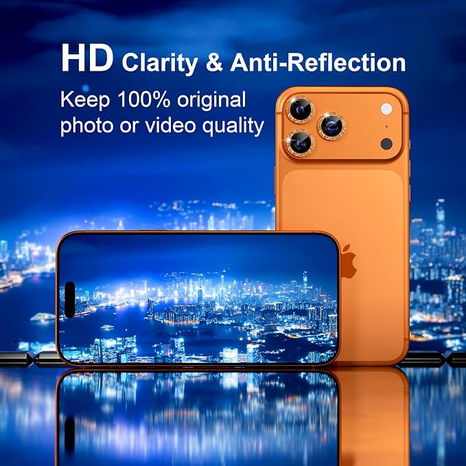 Misea Compatible for iPhone 17 Pro/iPhone 17 Pro Max Camera Lens Protector | 9H Tempered Glass Ultra HD Bling Camera Screen Protector Cover Metal Individual Ring Decoration Accessories, Orange Glitter - Image 4