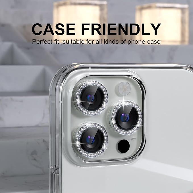 Choiche for iPhone 16 Pro/iPhone 16 Pro Max Camera Lens Protector | Ultra HD, Bling 9H Tempered Glass Camera Cover Screen Protector Metal Ring Decoration Accessories (Diamond-Silver) - Image 4