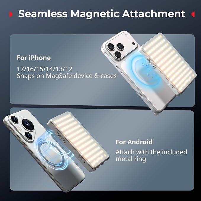 SmallRig M3 Magnetic Selfie Phone Light with Clip, Portable Light | 2000mAh, 120 LEDs, 2700K-6500K, for Content Creators Video Recording, for iPhone/Laptop/Camera/Webcam (White) - 5640 - Image 2