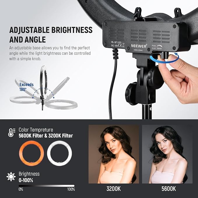 NEEWER RL-18 18 Inch Ring Light with Tripod Stand, 55W Large LED Ringlight | Cold Shoe, Phone Holder, Compatible with iPhone Camera, for Video Recording Photography Streaming Selfie Makeup Studio Photo - Image 3