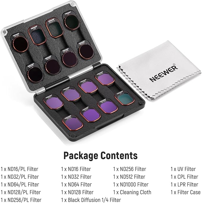 NEEWER Filter Set Compatible with DJI Mini 4 Pro, ND16 ND32 ND64 ND128 ND256 ND512 ND1000 ND16/PL ND32/PL ND64/PL ND128/PL ND256/PL, UV, CPL, LPR, Black Diffusion 1/4 Filter for Mist Cinematic Effect - Image 9