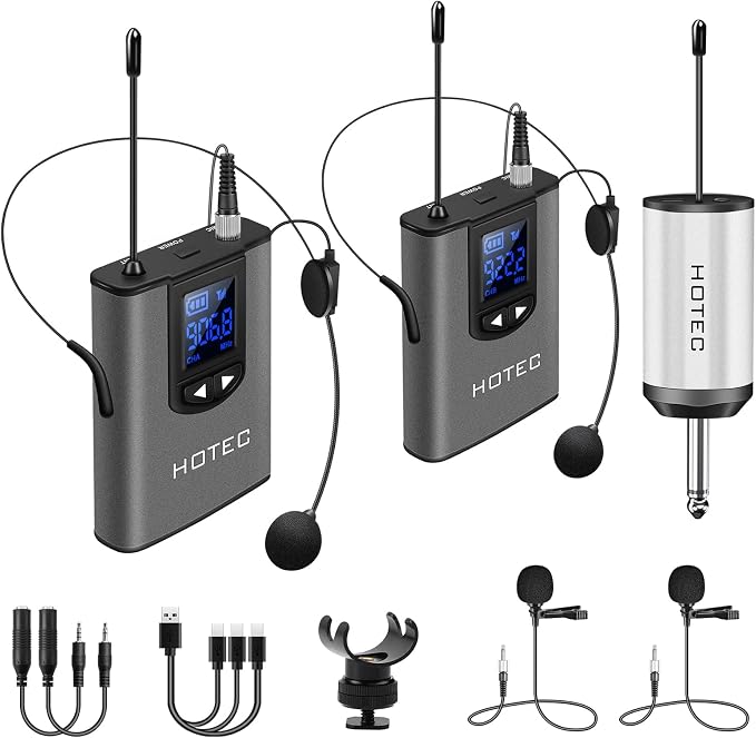 Hotec Wireless System with Dual Headset Microphones/Lavalier Lapel Mics and Bodypack Transmitters and One Mini Rechargeable Receiver 1/4" Output, for Live Performances by Hotec