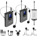 Hotec Wireless System with Dual Headset Microphones/Lavalier Lapel Mics and Bodypack Transmitters and One Mini Rechargeable Receiver 1/4" Output, for Live Performances by Hotec