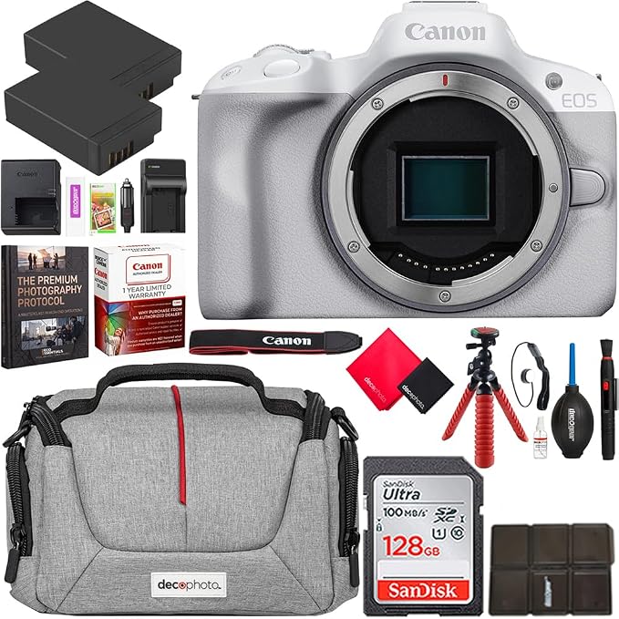 Canon EOS R50 Mirrorless APS-C Interchangeable Lens Camera Body White 5812C002 Bundle with Photography Bag + Photography Protocol Ebook + 2 x Battery + 128GB Memory Card + Accessories Kit by Unknown