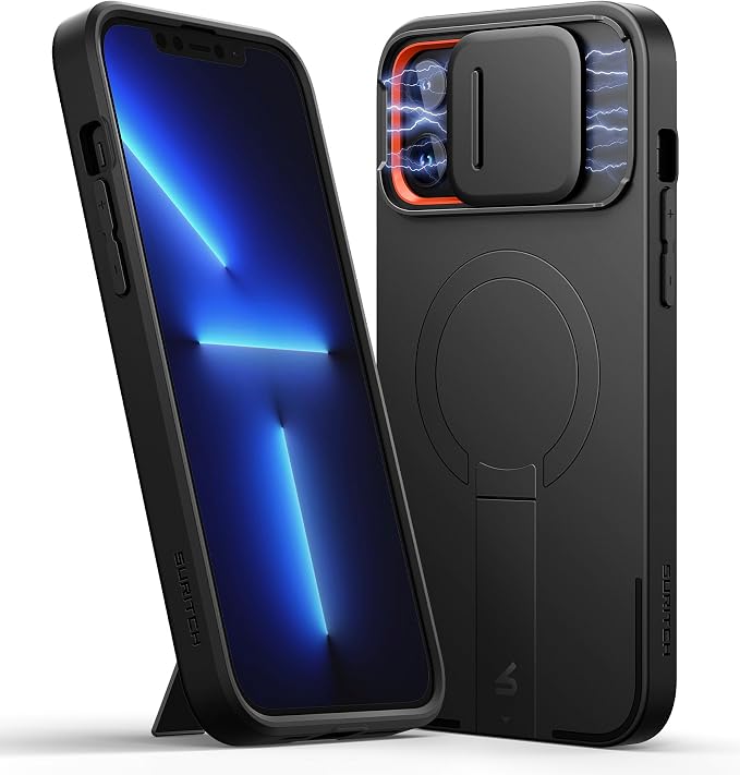 SURITCH for iPhone 13 Pro Max/12 Pro Max Case with Magnetic Camera Slide Cover and Adjustable Kickstand, Compatible with MagSafe, Shockproof Bumper Case Slim Protective Cover 6.7 Inch, Black by SURITCH
