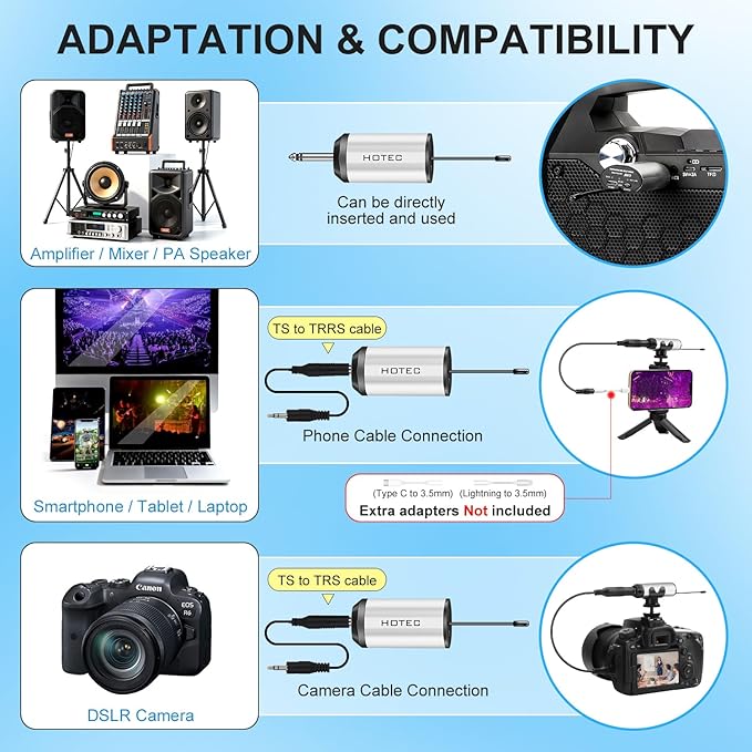 HOTEC UHF Wireless Headset Microphone/Lavalier Lapel Mic with Bodypack Transmitter and Mini Rechargeable Receiver 1/4" Output for Vlogging or Speech - Image 4