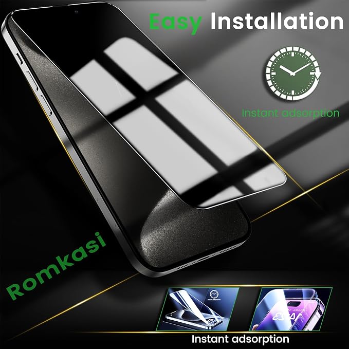 Romkasi 4 Pack Privacy Screen Protector for iPhone 15 Pro Max 6.7 Inch with 4 Pack Camera Lens Protector, Anti Spy Tempered Glass Film, Anti-Scratch, Touch Sensitive, Case Friendly - Image 6