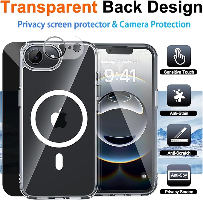 Clear for iPhone 17e Case & iPhone 16e Case with Privacy Screen | Full Camera Protector, Privacy Screen Protector, Magnetic, Compatible with MagSafe, Shockproof Cover for 17 16 e Transparent - Image 2