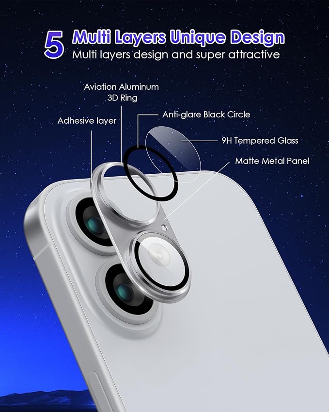 Compatible for iPhone 17 /iPhone 16 /iPhone 16 Plus Camera Lens Protector Metal Plus Aluminium Alloy Ring 9H Tempered Glass Screen Case Friendly Camera Cover Silver - Image 5