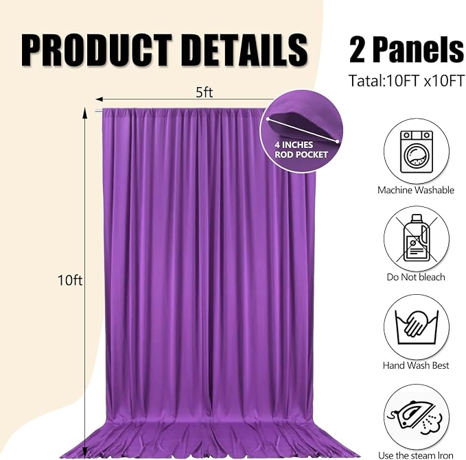 10ft x 10ft Purple Backdrop Curtains for Parties, Polyester Fabric Backdrop Drapes with Rod Pockets for Weddings, Birthday, Halloween, Photography, Christmas Party Background Curtain, 2 Panels - Image 2