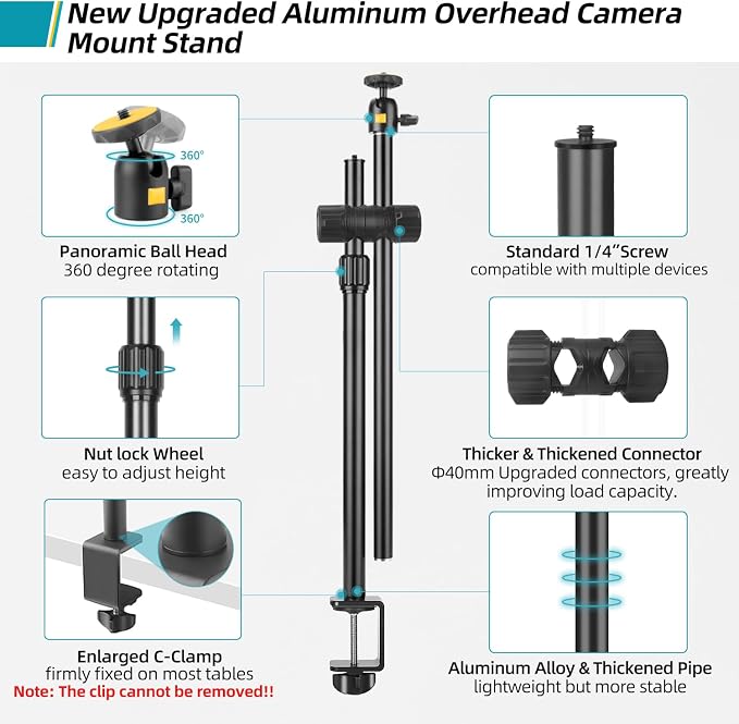 Camera Desk Mount Webcam Stand with Overhead Articulating Magic Boom Arm 1/4" Ball Head for DSLR Tripod, Adjustable Light Stand, Tabletop C Clamp for Ring Light Photo Video Shooting Live Streaming - Image 9